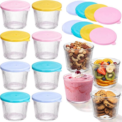 8 Sets Small Glass Bowls with Pastel Lids 6.8oz Ribbed Clear Glass Containers Stackable Dessert Custard Pudding Cups Condiment Bowls for Sauces Dips Nuts Oats Candy Dessert Cereal