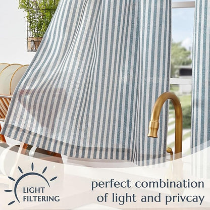 jinchan Striped Linen Kitchen Curtains 30 Inches Length Tier Curtains Farmhouse Modern Cafe Style Small Window Treatments Airy Light Filtering Rod Pocket for Living Room Bathroom 2 Panels Blue