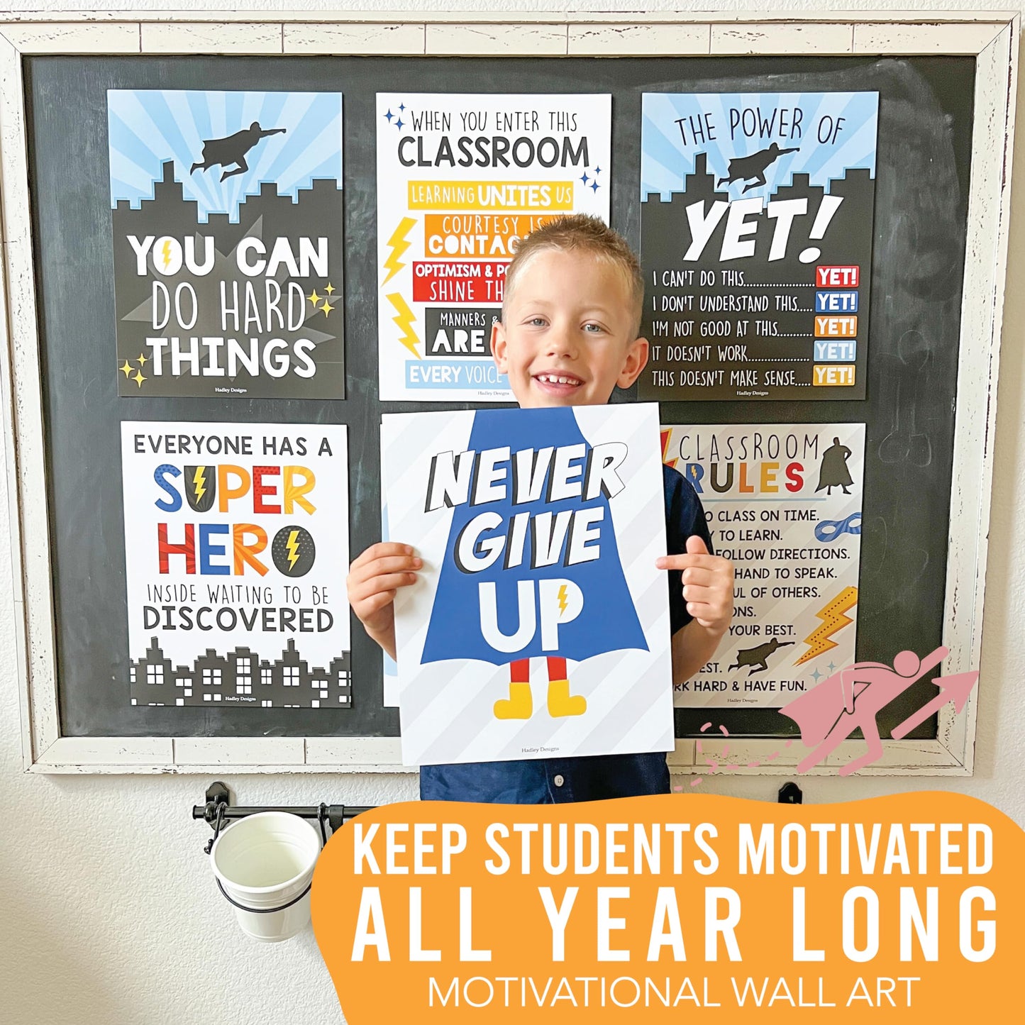 Hadley Designs Motivational Poster for Classroom Decor - 9 Growth Mindset Classroom Posters Elementary, Inspirational Wall Decor Middle School, Teacher Must Haves, Superhero Bulletin Board Decorations