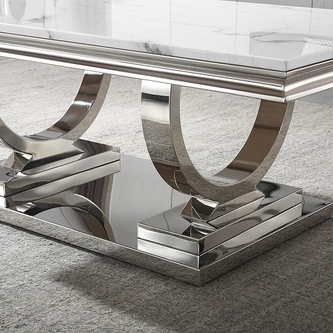 Henf 47" Marble Coffee Table Modern White Faux Marble Center Table