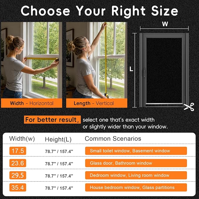 Blackout Window Privacy Film, Removable Window Cover Static Cling, Darkening Light Heat Blocking, Window Tint for Home Garage Bedroom Day Sleep, Black 17.5 Inch * 78.74 Inch