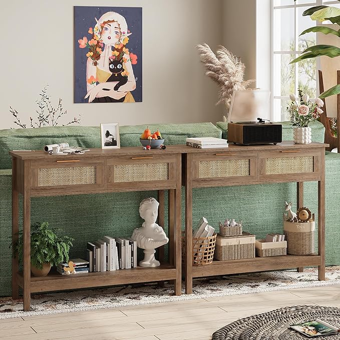Trironsun Farmhouse Rattan Console Table