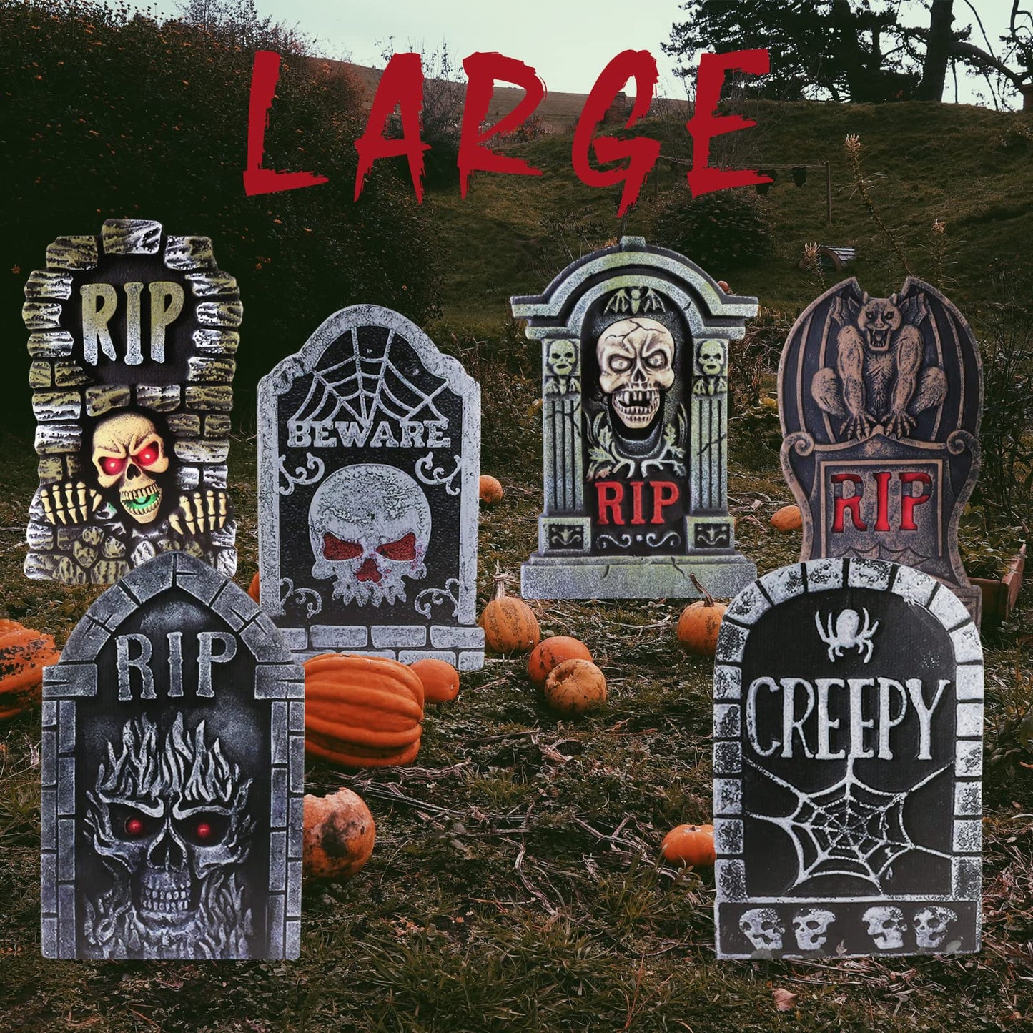 17in Tombstones Yard Sign with Stakes, 6PCS Graveyard Halloween Decorations Scary Gravestone Headstone Lawn Signs Halloween Decor Halloween Tombstones & Cemetery Decorations Waterproof(Large)