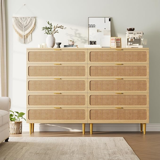 GarveeHome Rattan 5 Drawer Dressers