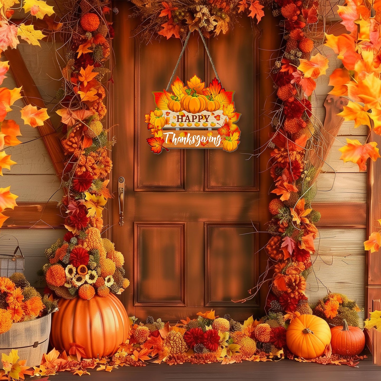 Thanksgiving Pumpkin Door Sign - Rustic Wall Art Plaque for Front Door, Home Office Decoration - Hanging Holiday Decor, 13.8x11 Inch