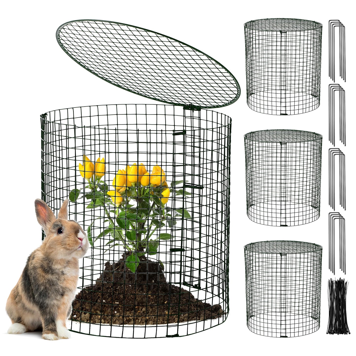 Hiboom 4 Set Garden Plant Protectors from Animals with Stakes, Metal Mesh and Detachable Covers Wire Plant Cage for Keeping Bunny Animals Out, Chicken Wire Cover Garden Protection (12x13)
