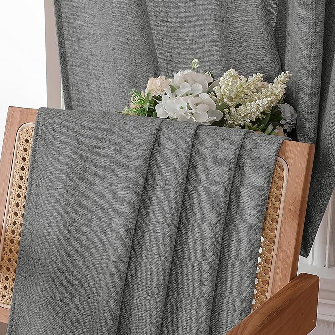 Tollpiz Short Linen Curtain Living Room Rod Pocket Semi Sheer Curtains Burlap Light Filtering Thick Linen Drape for Bedroom, 54 x 45 inches Long, Dark Grey, Set of 2 Panels