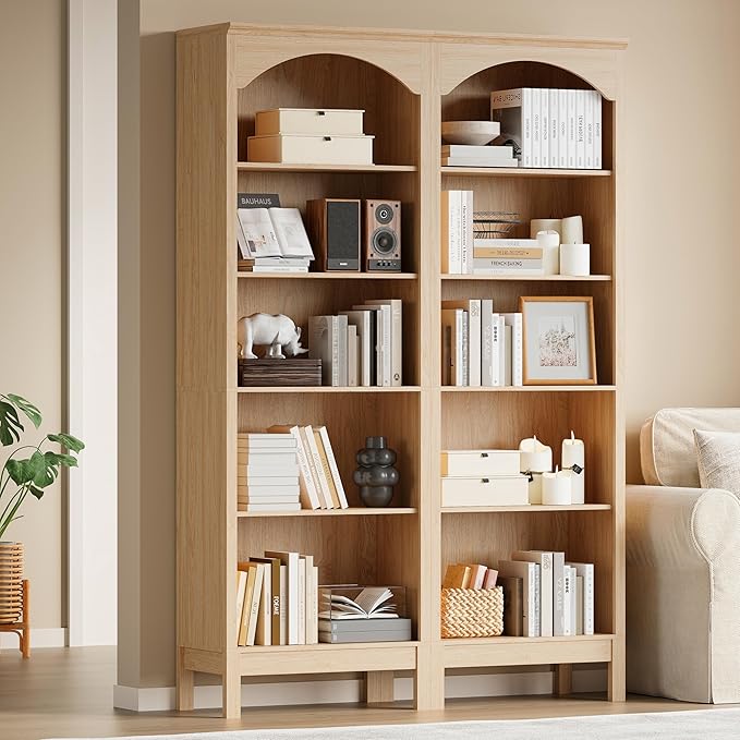 Arched Bookshelf with 5 Tier Open Shelves, Study and Living Room, Natural Oak