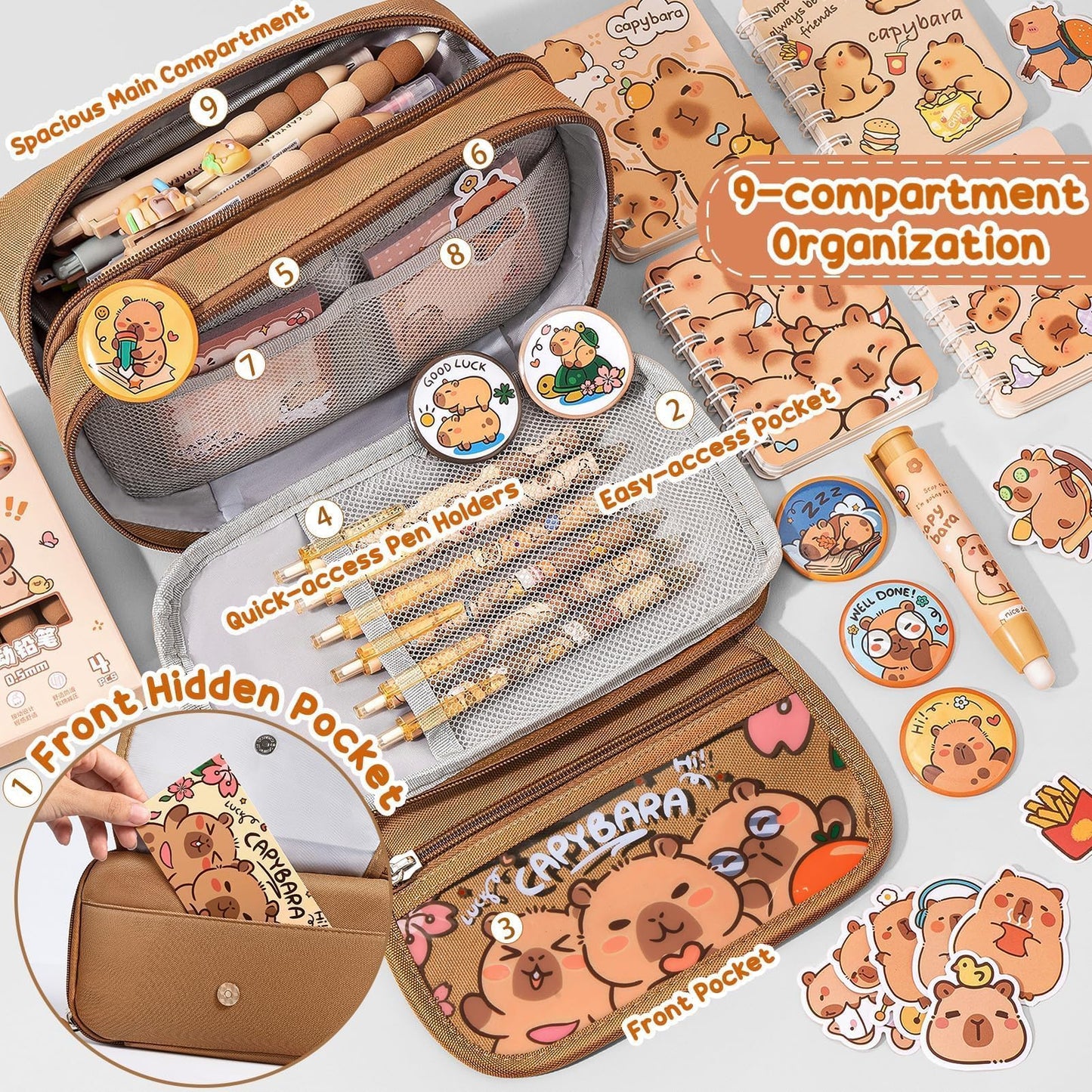 Fimibuke Capybara Backpack for School Girls, 30PCS Capybara Toddler School Supplies Stationery Set with Bookbag Pencil Case Pens Pencils Notebook for Back to School Kindergarten Elementary Student