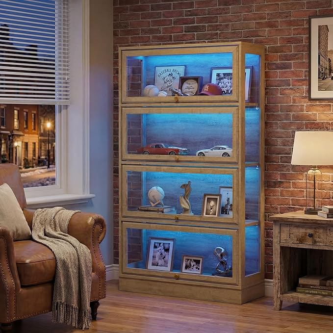 Display Cabinet with Acrylic Glass Doors, 4-Tiers Curio Cabinet with LED