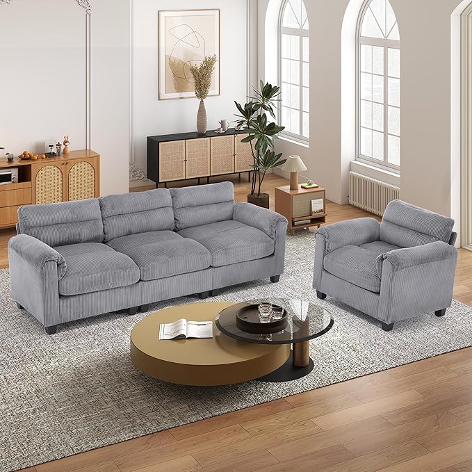 HAOMARKETS Corduroy Sofa Set, Upholstered Armchair and 3-Seater Couch