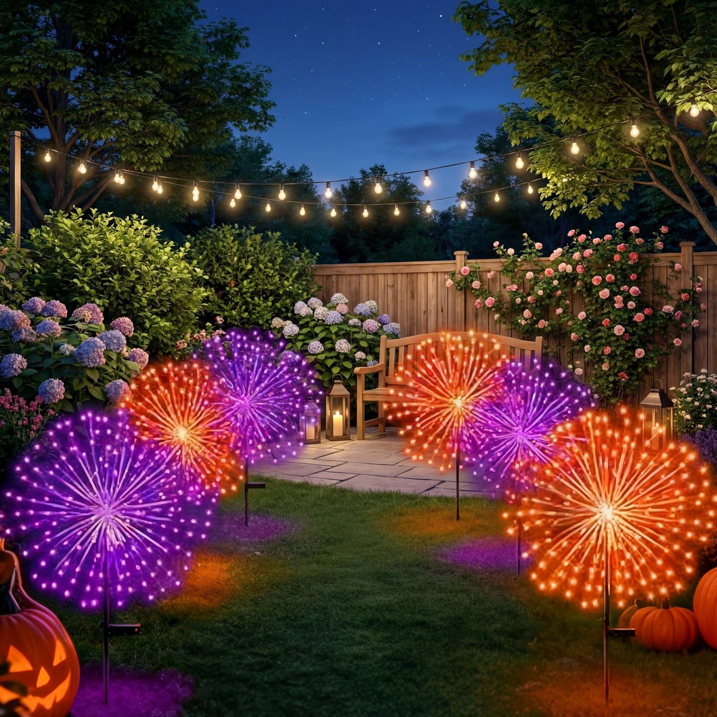 Tujoe 6 Pcs Fall Solar Firework Stake Lights 180 LED 8 Modes Solar Waterproof LED Sparkler Lights Outdoor Decoration for Halloween Christmas Holiday Garden Patio Yard Pathway Walkway, Orange, Purple