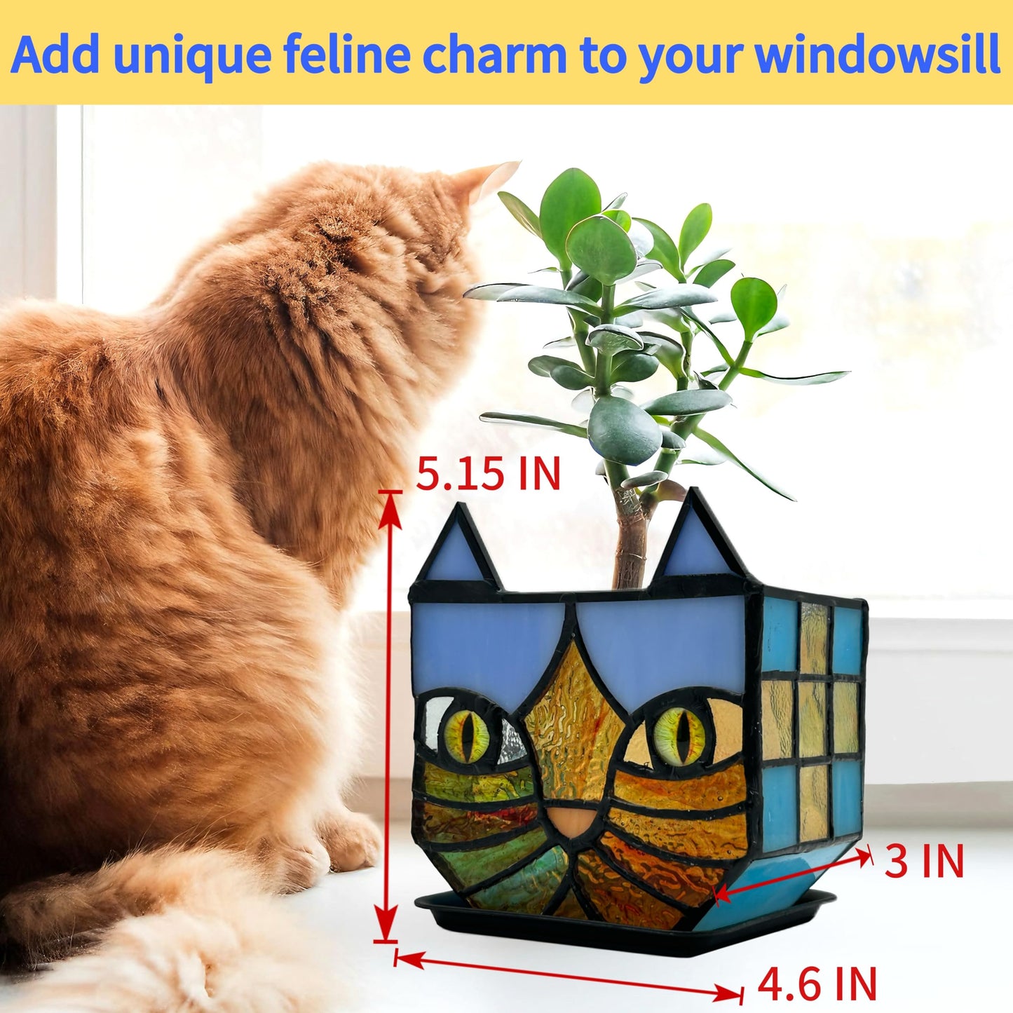 Entlityful Tiffany Style Stained Glass Cat Flower Pots with Drainage,Funny Blue Cat Planter,Cute Garden Pots,Flower Pots for Indoor Plants,Gifts for Plant Lovers,4.6x3x5.15 in