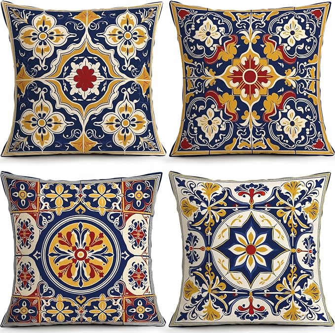 OBSEDE Throw Pillow Covers Set of 4, 18x18 Inch Blue and Yellow Mediterranean