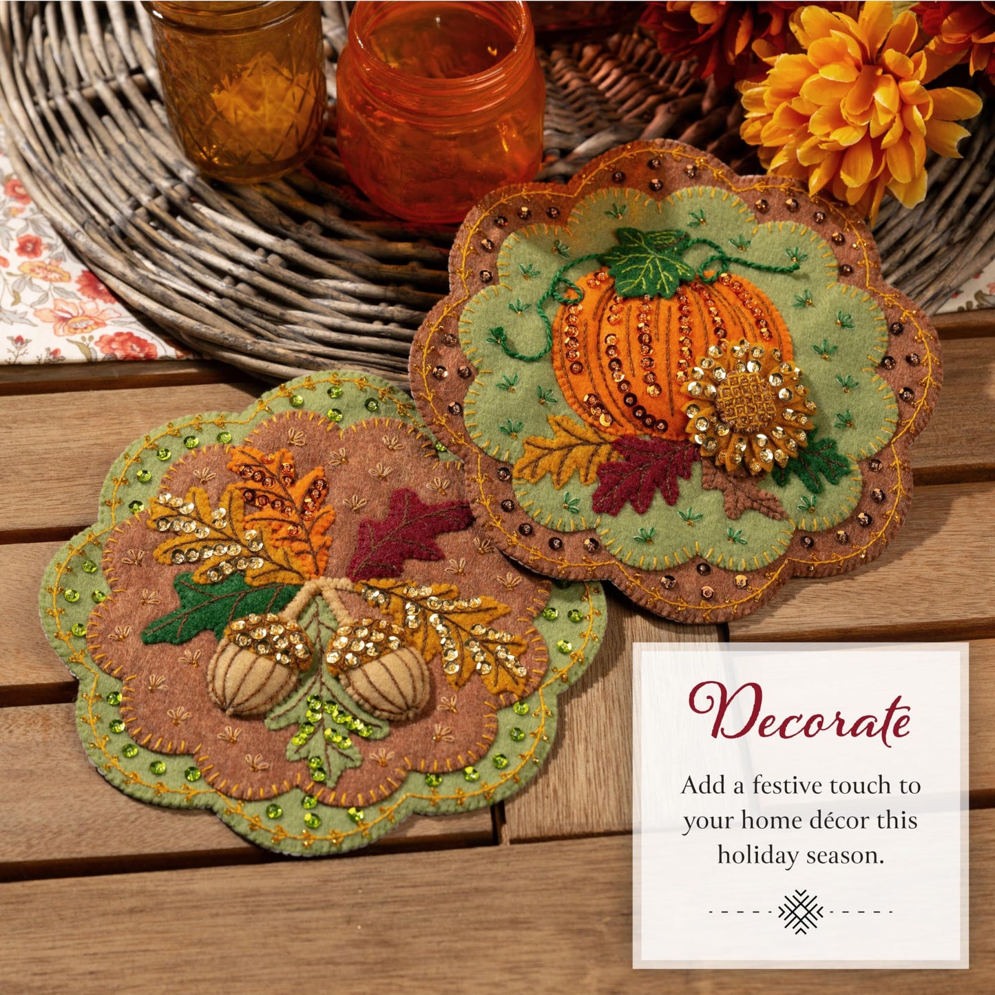 Bucilla, Felt Applique 2 Piece Wall Hanging Kit, Pumpkin Patch Pair, Perfect for Holiday DIY Arts and Crafts Projects, 89712E