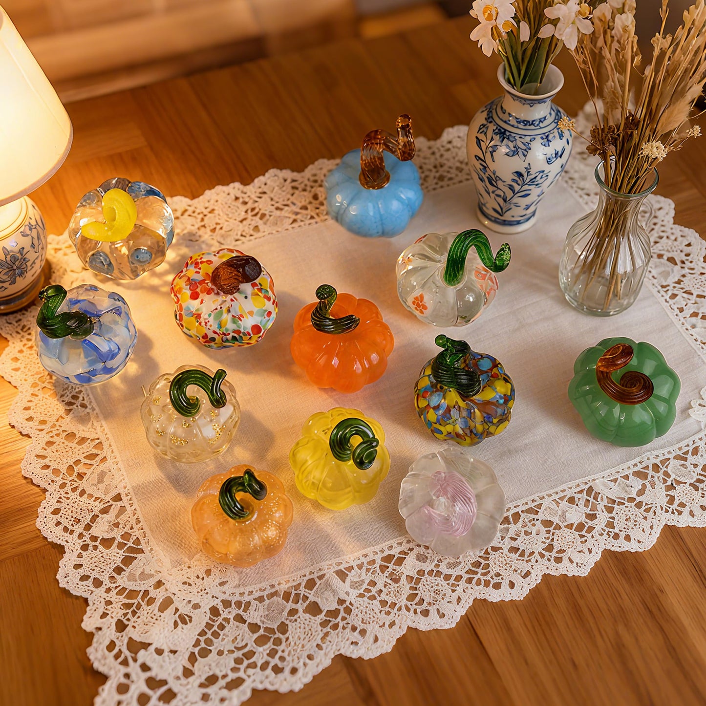 QIANCHANG 12pcs Mini Blown Glass Pumpkin Figurines Collectibles Thanksgiving Halloween Crystal Pumpkin Paperweight Fall Decorations for Home