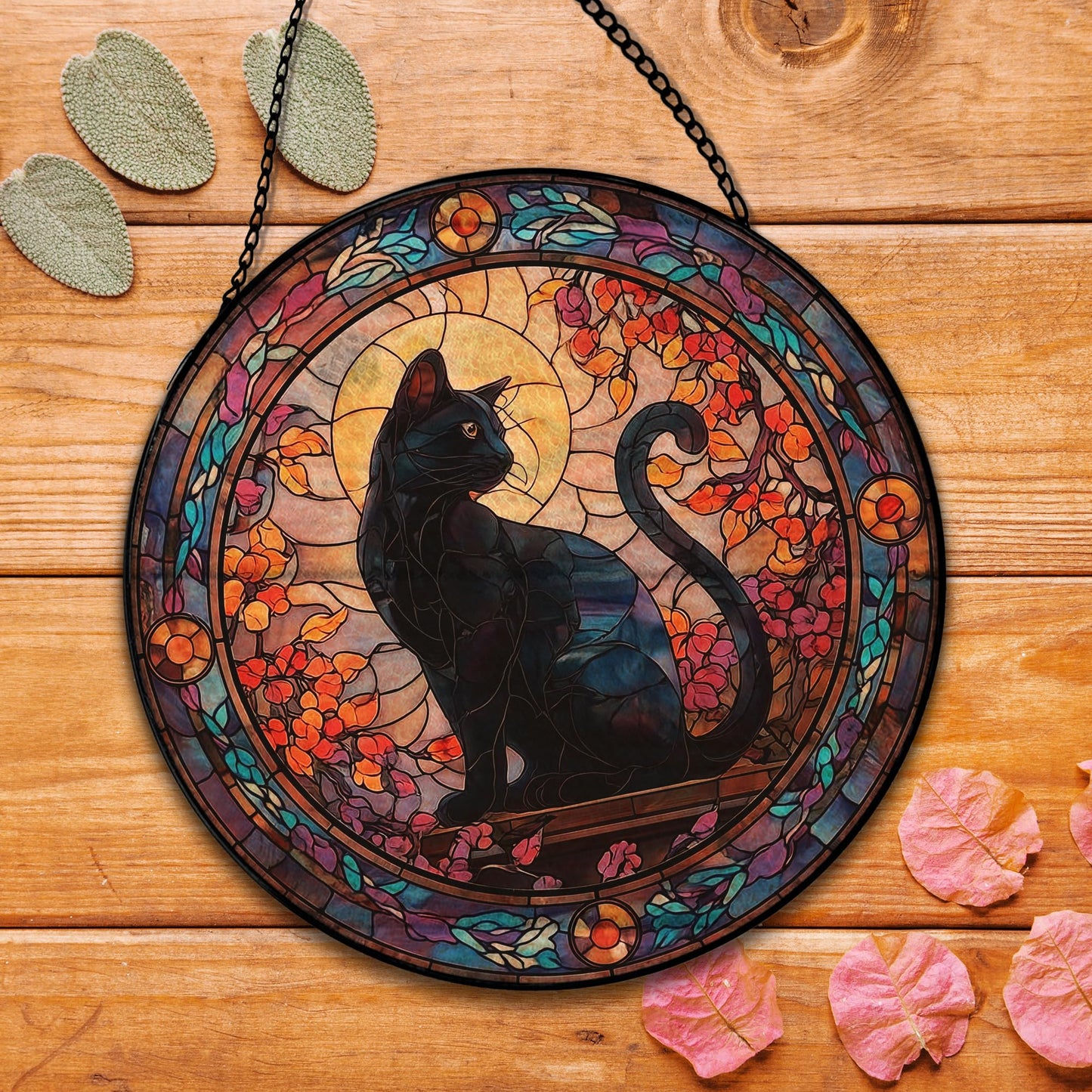 Hxlac Black Cat Christmas Suncatcher Stained Glass Window Hanging, Gothic Black Cat Flower Sun Catchers Indoor Window Glass Round Wall Decor, Halloween Wall Art Hanging Decorations, ＂7.8x7.8＂