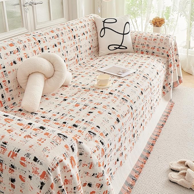 DREAMINGO Abstract Chenille Couch Cover Blanket Beige Orange Black Boho Sofa