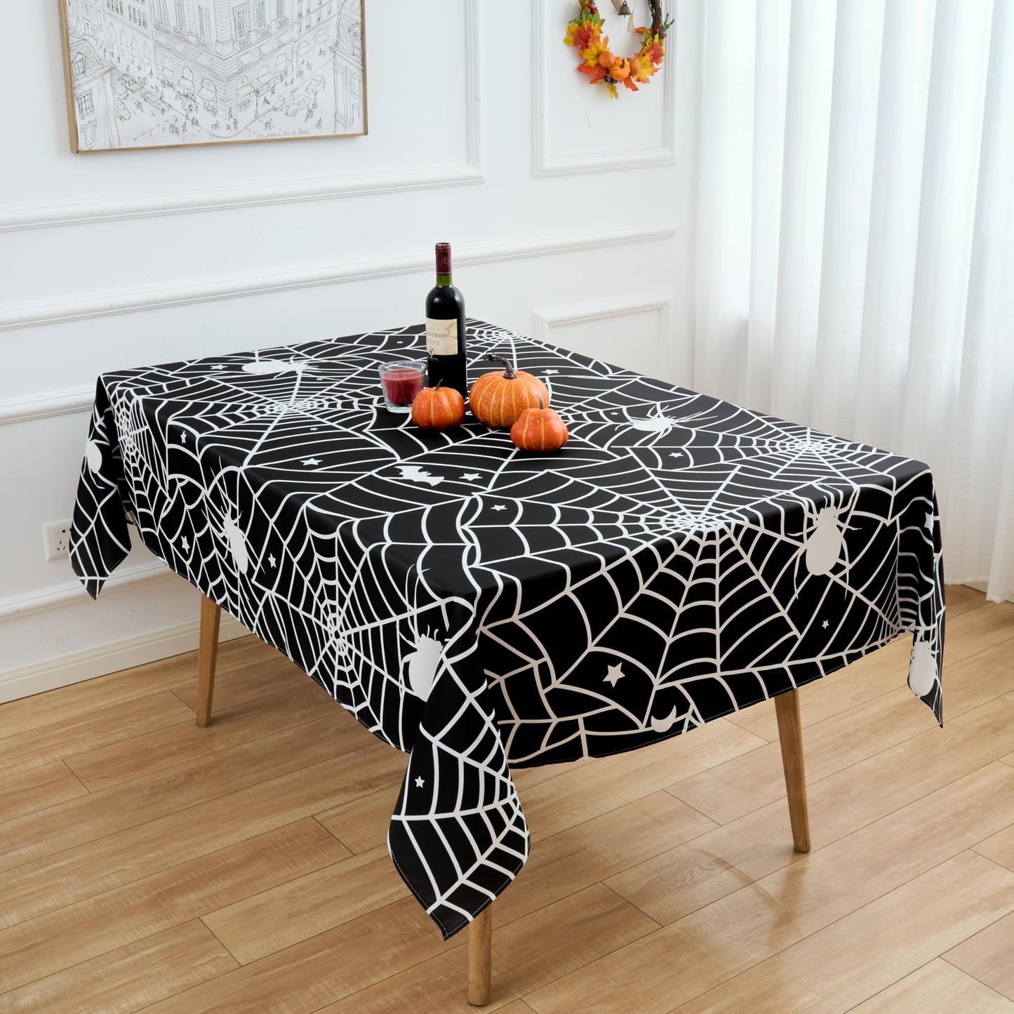 VEDACHIC Halloween 52x70 Tablecloth Rectangular Black Spider Web Table Cloth - Oblong Polyester Cobweb Black Halloween Table Cover Washable Waterproof for Party Picnic Kitchen Indoor Outdoor Décor