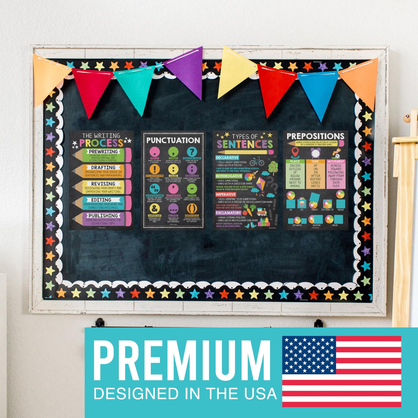 Parts of Speech Posters for Classroom Must Haves -12 Grammar Posters, Writing Process for Homeschool, Elementary & Middle School, ELA 3rd 4th & 5th Grade Teacher Must Haves, Chalkboard Classroom Decor