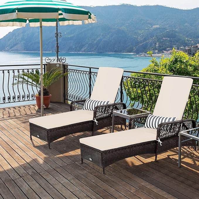 COSTWAY PE Rattan Chaise Lounge Chair, 6 Gear Adjustable Recliner