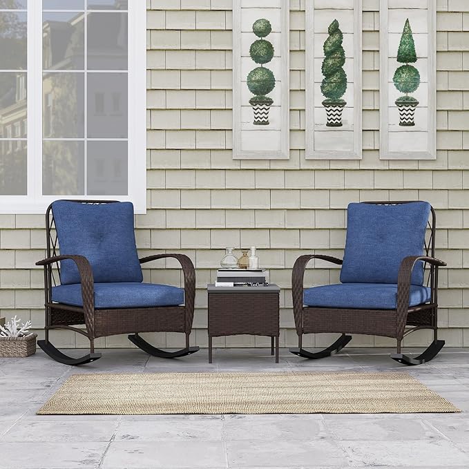 Outsunny 3 Piece Wicker Patio Furniture Set, PE Rattan Rocking Chairs