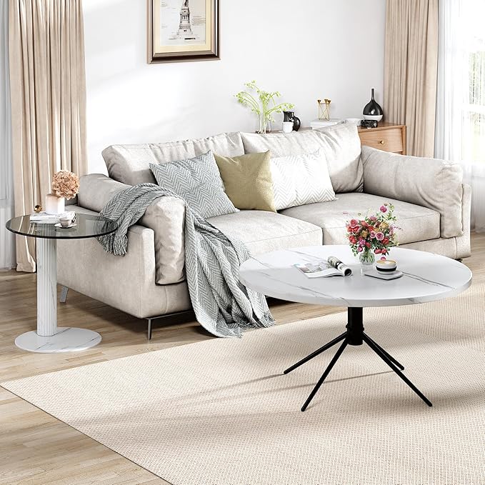 Hooseng Set of 2 Round Coffee Tables, Faux Marble Top and Modern Tempered