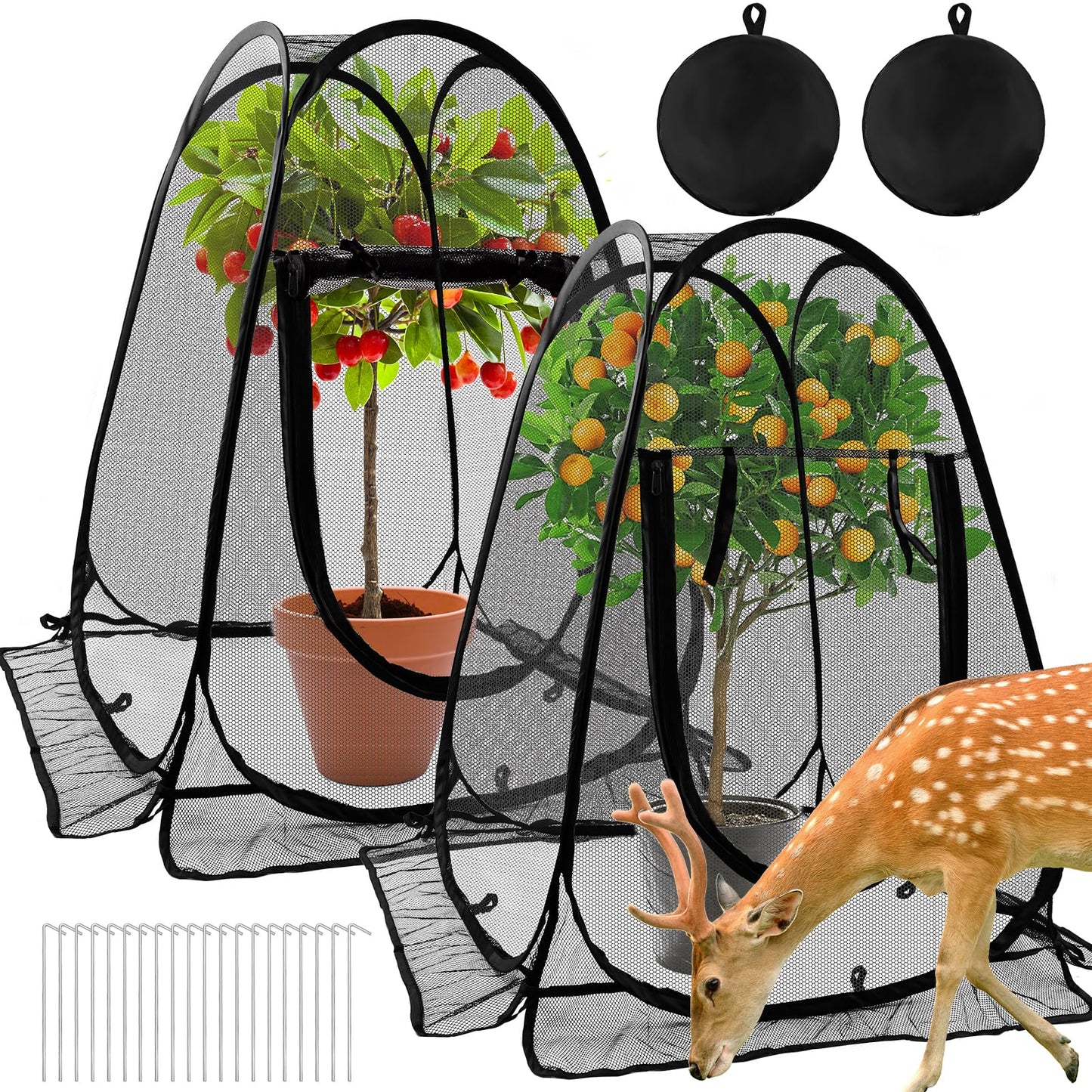 2pcs Pop Up Mesh Plant Protectors from Animals,Large Plant Netting Guard Cover with 8 Stake Crop Cage Fine Mesh Plant Tents for Protect Flower Tomato Vegetable from Deer Cat Bird Squirrel, 28x28x34 In
