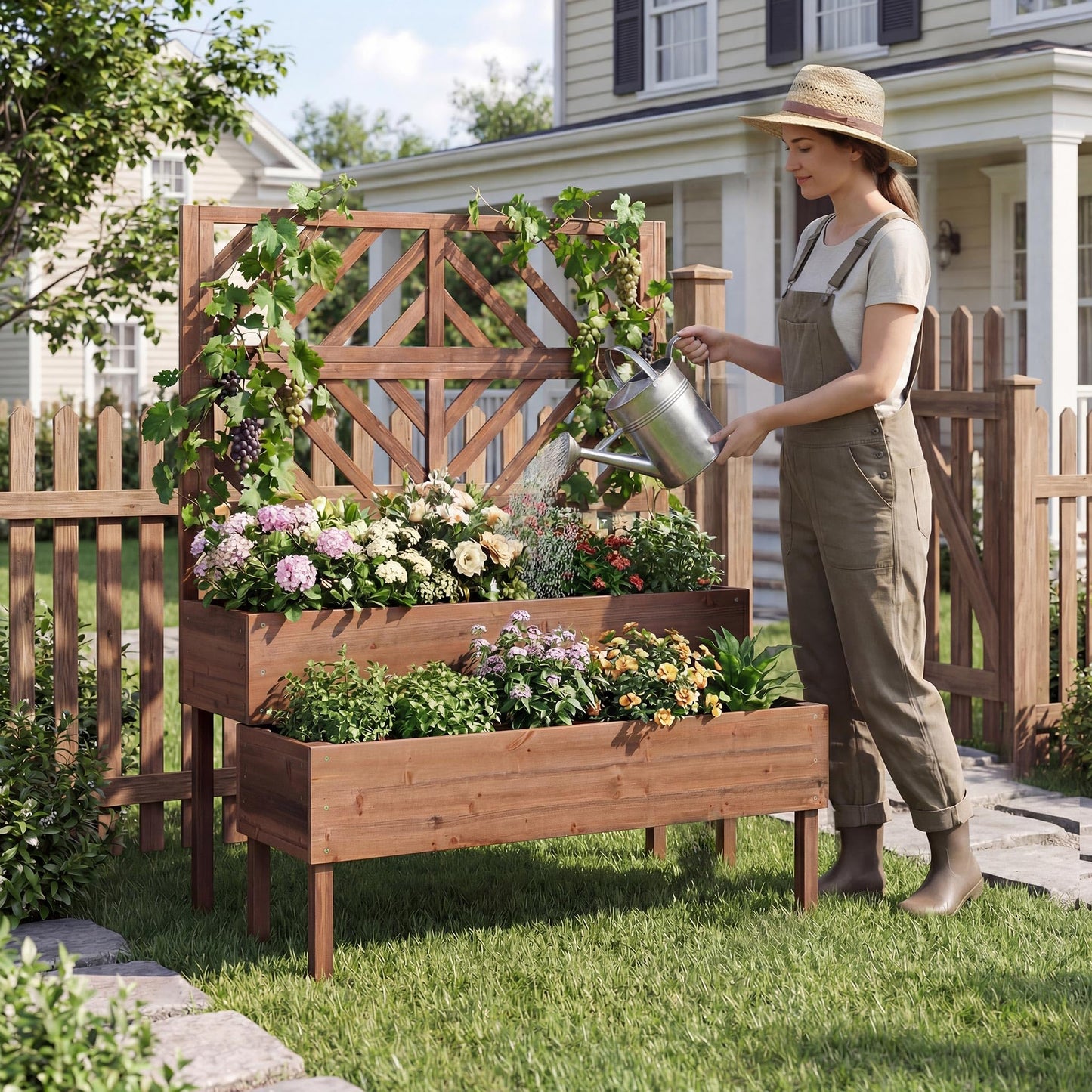 Giantex Raised Garden Bed with Trellis, 2-Tier Standing Planter Box with Legs and Drain Holes, Outdoor Elevated Garden Trellis for Vine Climbing, Flower Vegetable Fruit Herb Growing, Coffee Brown