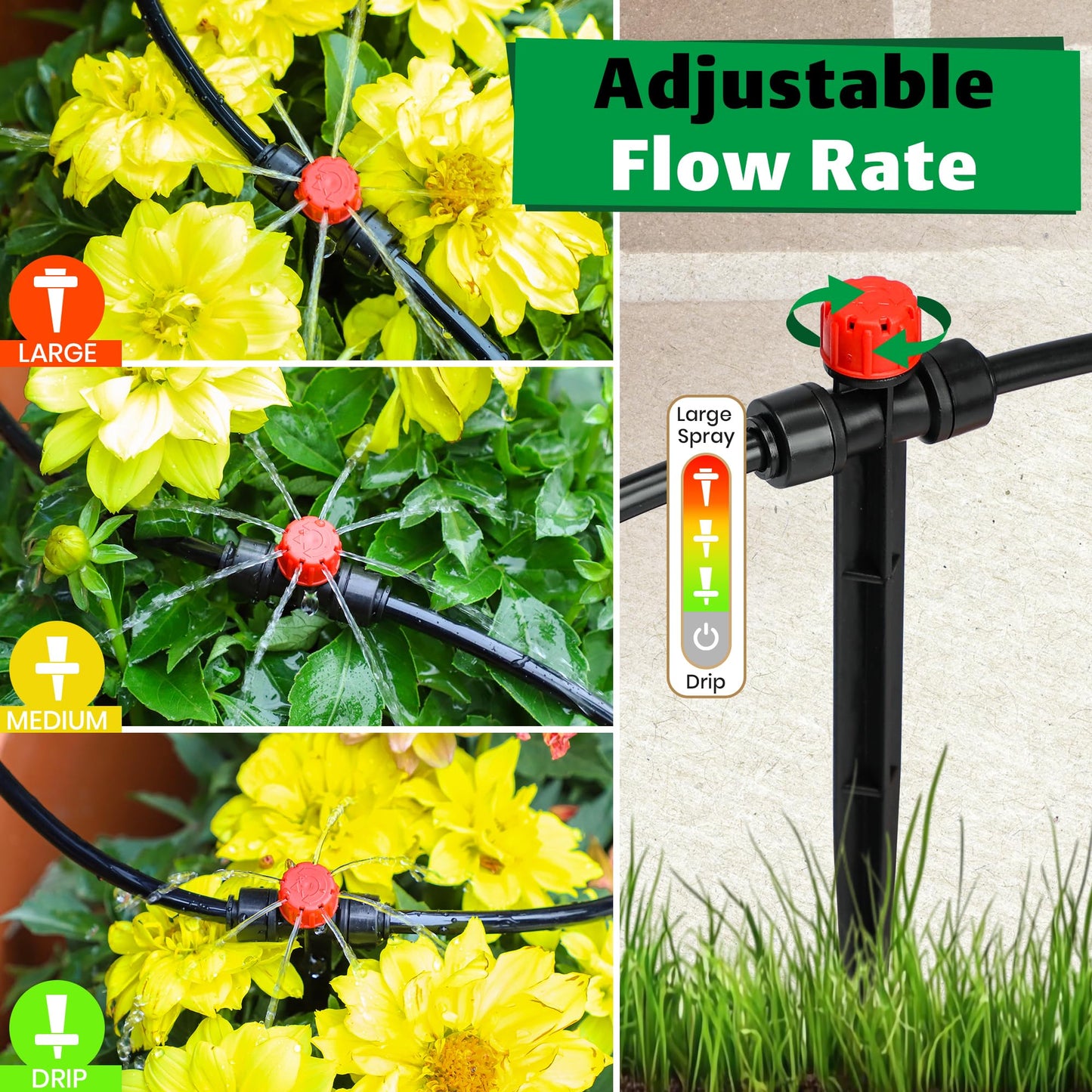 MIXC 20pcs Two-Way Quick-Connect Drip Irrigation Emitters for 1/4" Drip Irrigation Tubing - Adjustable Push-to-Connect 360° Drip Emitters Stream on 7" Sturdy Stake for Irrigation System