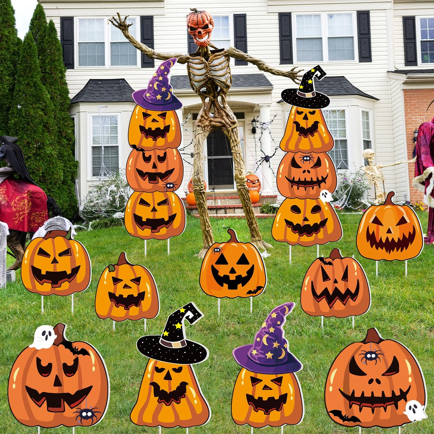 Amyhill 12 Pcs Halloween Pumpkin Yard Signs for Outdoor Spooky Ghost Jack O 16 Pcs Pumpkin with Witch Hats Lawn Stakes Trick or Treat Yard Decorations for Halloween Garden Stack Prop Home Party Decor