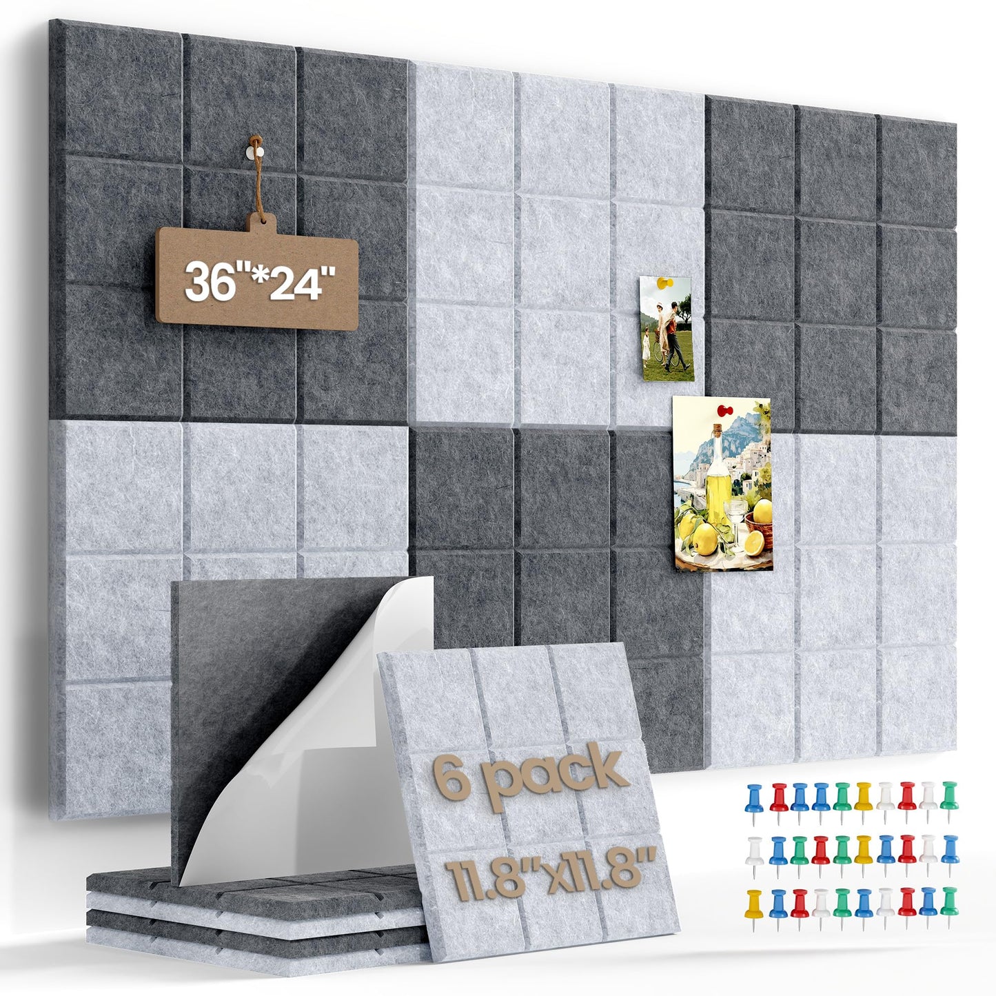 Uoisaiko Large Felt Board Tiles for Wall with Pack of 6 Pin Board Notice Boards for Home Office Kitchen, Bulletin Board Wall Tiles for Photos Memos (Drak Grey+Light Grey, 6 Pack)