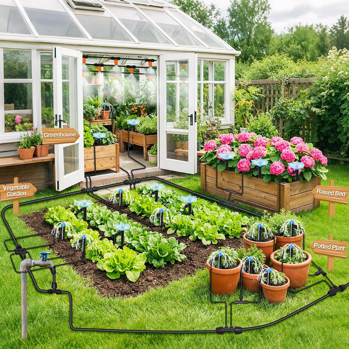 MIXC 250FT Drip Irrigation System Kit, Quick-Connect Garden Misting Watering System with 1/2” 1/4” Tubing Adjustable Nozzles Sprinklers for Indoor Outdoor Garden Potted Plant Lawn Greenhouse