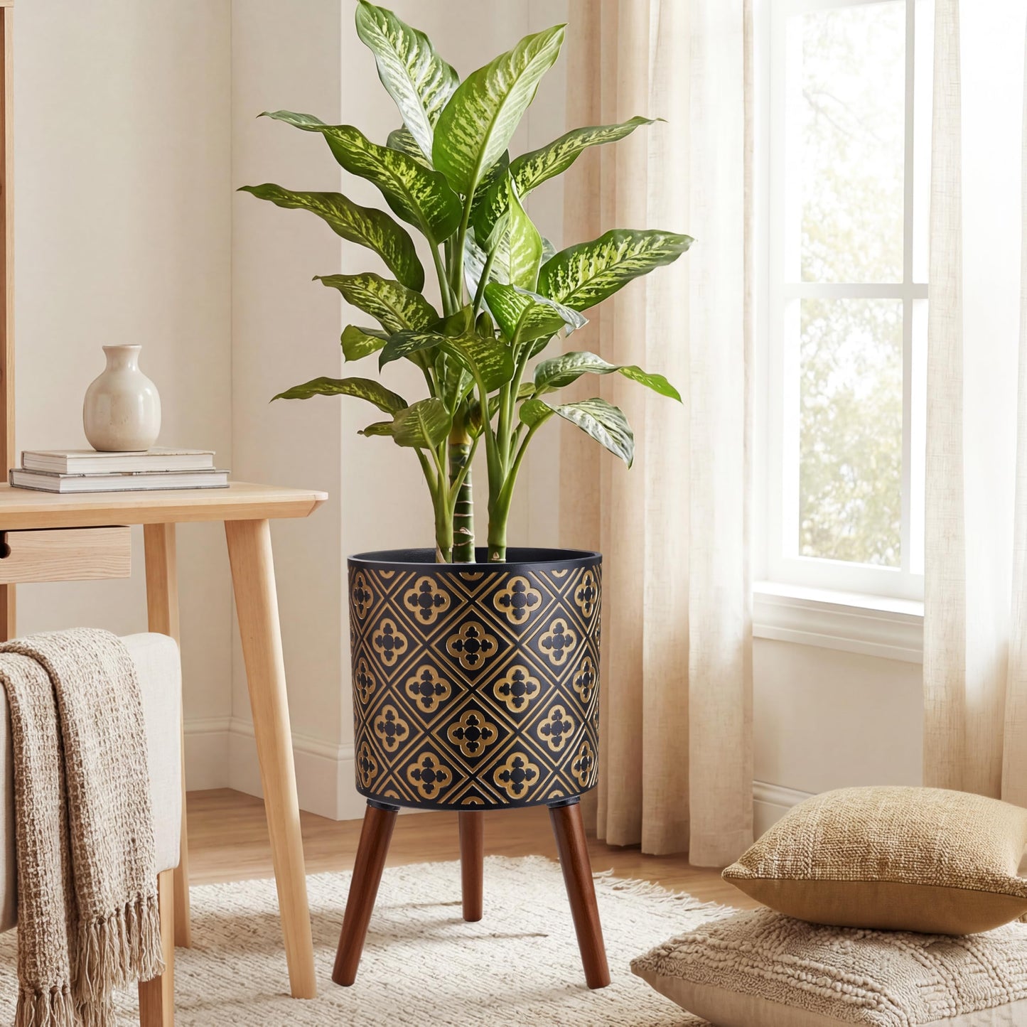 nacltlo12 Inch Plant with Stand Planter for Indoor Plants Large Modern Mid-Century Plant Pots Indoor Outdoor with Drainage for Home Garden Patio,Black and Gold