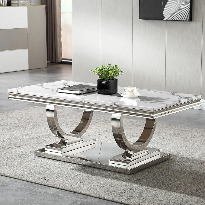 3 Piece Living Room Table Set Include 1 Faux Marble Coffee Table & 2 End Tables, Modern White Silver Coffee Table Set of 3 with Double O Shape Stainless Steel Pedestal Base