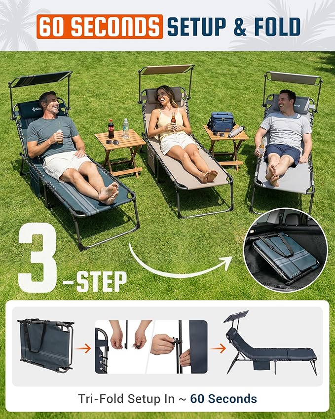 KingCamp Lounge Chair with face Hole & Canopy Shade, 400LBS Folding Portable