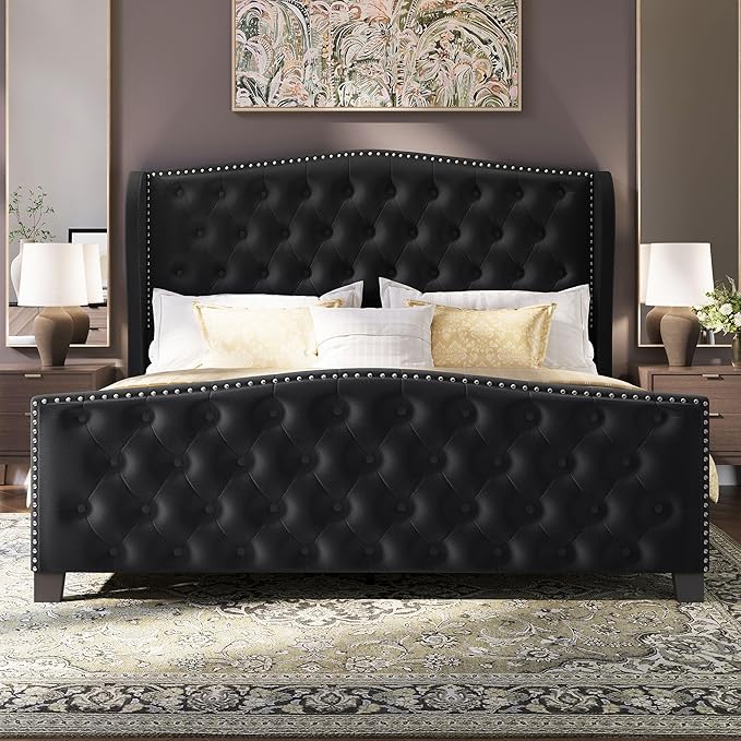 BRELTAM Upholstered Queen Size Bed Frame Velvet Black Tufted Platform Bed Frame