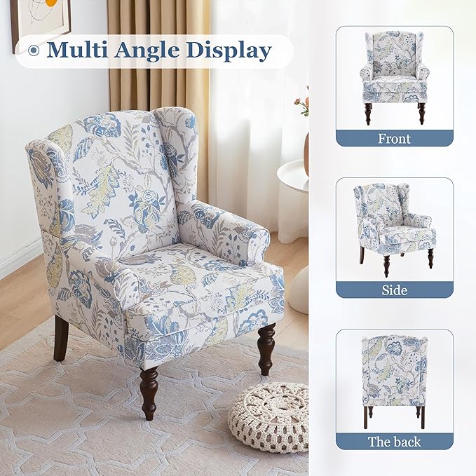 HUIMO Printed Wingback Accent Chair, Linen Upholstered High Back Armchair