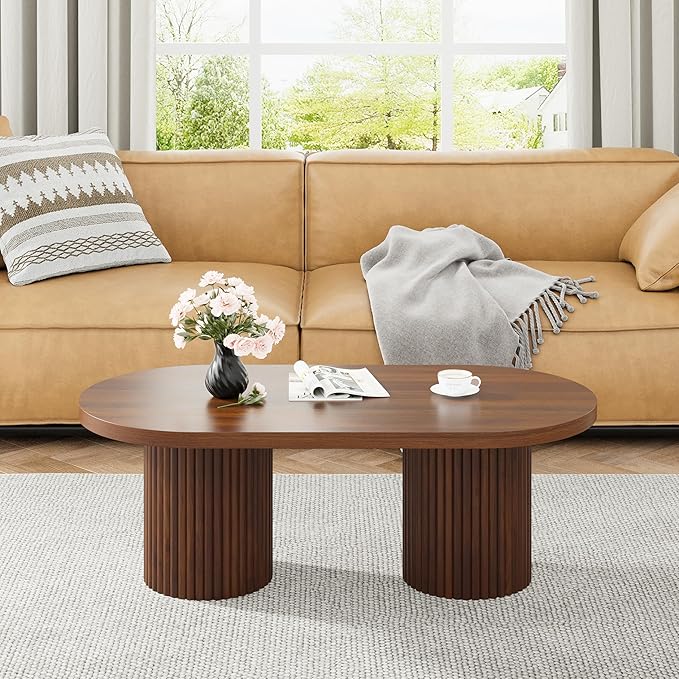 Oval Fluted Coffee Table, Farmhouse Wood Coffee Table Mid Century Modern Center