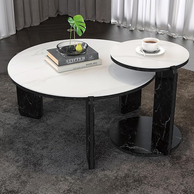 GDFStudio Round Nesting Coffee Table Set of 2, Modern Wooden Accent Side Table