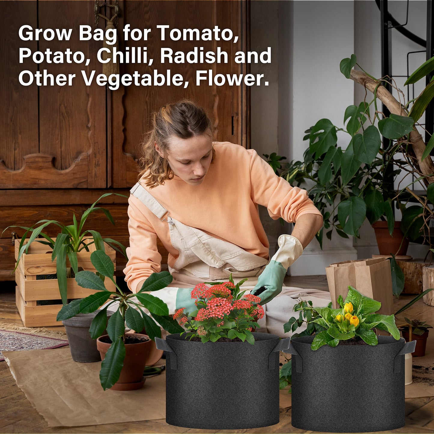 HealSmart Plant Grow Bags 5 Gallon, Tomoato Planter Pots 10-Pack with Handles, Aeration Nonwoven Fabric, Heavy Duty Gardening Planter for Vegetable, Herbs and Flowers, Black