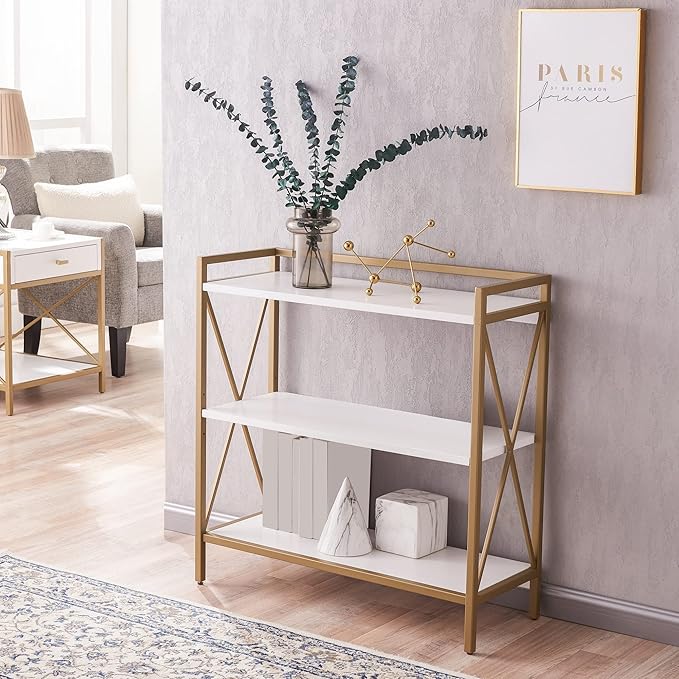 Leick Home Claudette Bookshelf, Satin Gold, 3 Shelves, Easy Assembly, 12 in D x