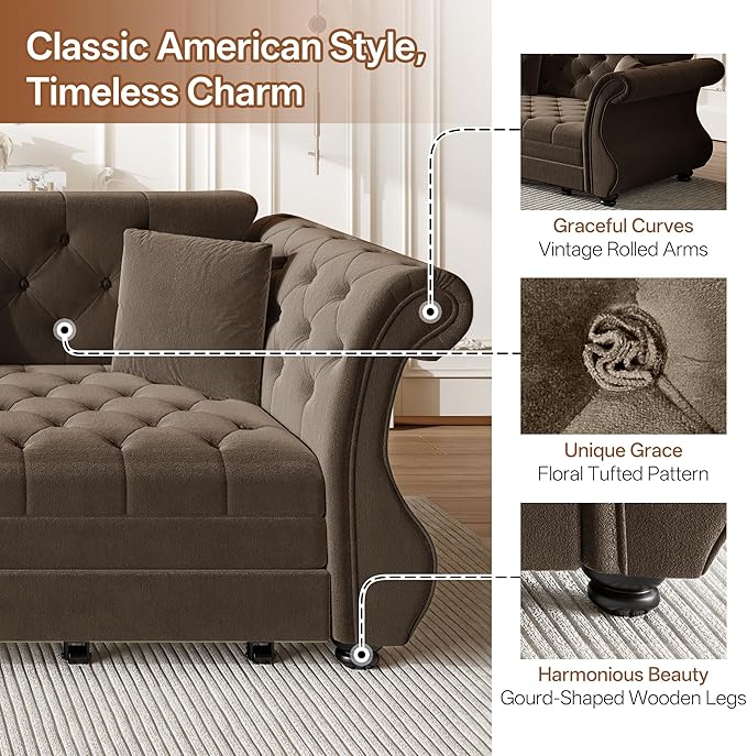 97.6" Oversized Pull Out Sofa Bed, Chesterfield Velvet Sleeper Sofa Couch