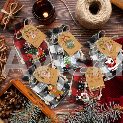 Aviski 60PCS Cotton Small Christmas Drawstring Candy Treat Bags Buffalo Plaid Xmas Xmas Christmas Fabric Goody Gift Sacks Reusable Gift Wrapping Bags Holiday Party Favors - Red/White