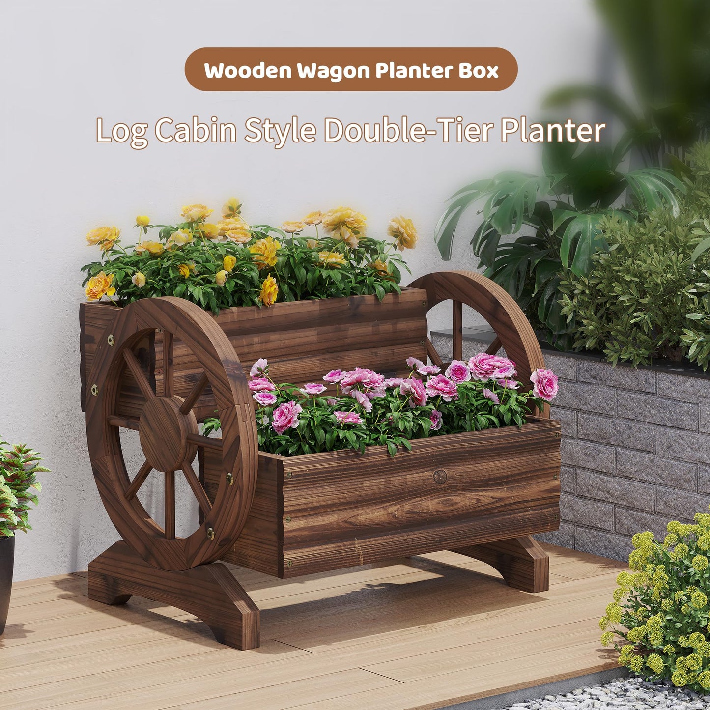 FILWH Wooden Wagon Planters for Outdoor Plants, Flower Cart, Wood Planter Boxes Outdoor, Backyard Decor, Flower Planters Outdoor with Wheels Planter for Flowers Vegetables (Carbonized)