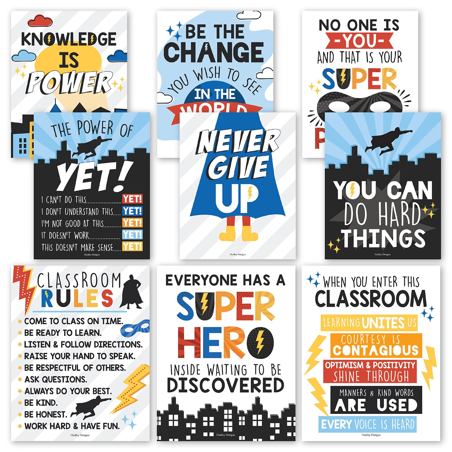 Hadley Designs Motivational Poster for Classroom Decor - 9 Growth Mindset Classroom Posters Elementary, Inspirational Wall Decor Middle School, Teacher Must Haves, Superhero Bulletin Board Decorations