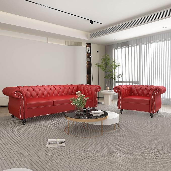 ORRD 2 Piece Living Room Set, Chesterfield Leather Sofa Loveseat Couch Chair