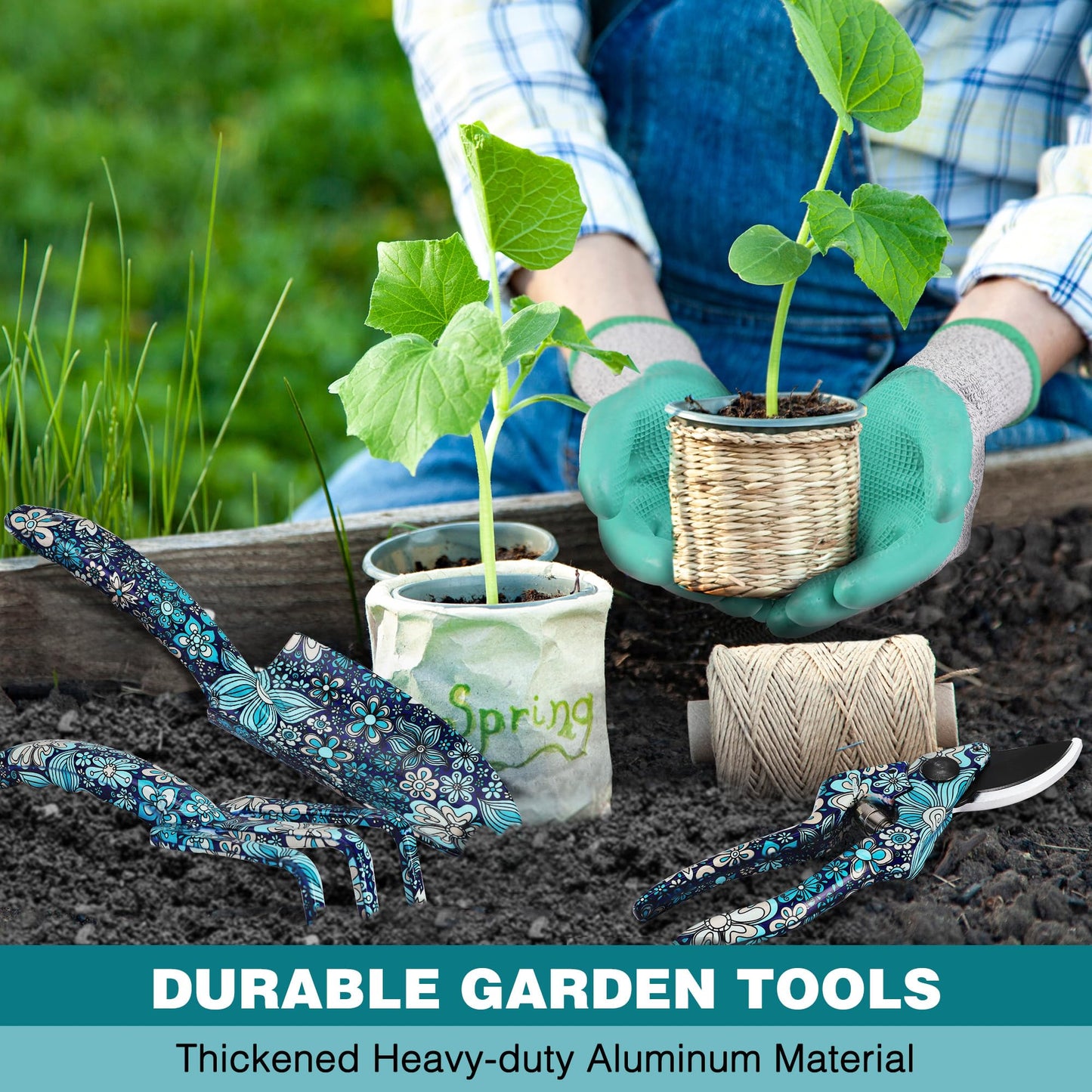 WORKPRO 5PCS Garden Tool Set, Aluminum Heavy Duty Gardening Tool Set with Garden Tool Bag, Outdoor Garden Hand Tools, Floral Blue