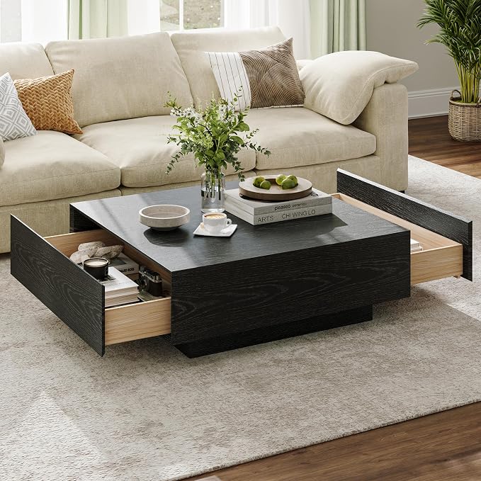 POVISON Modern Square Coffee Table with Drawers, 39.37" Wood Coffee Table for Living Room Home Office, Fully-Assembled Black