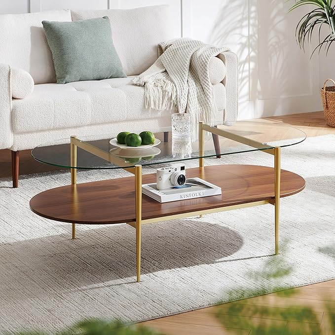 LumFurn X-Large Oval Glass Coffee Table, Mid-Century Modern Design, L47 x W24 x